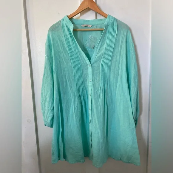 NWT soft surroundings 2X button down blouse roll tab sleeves aqua - Picture 1 of 10